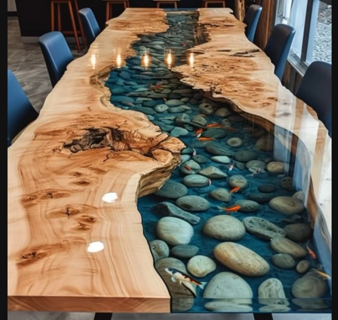 Mesa de río con resina epoxi y piedras naturales